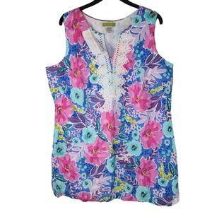 The Shift Shoppe Dress XXL Colorful floral Shift v-neck w/lace trim Slveless NWT
